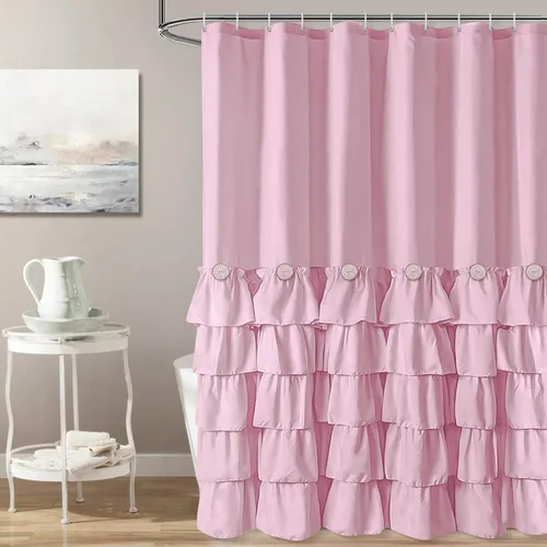 Miniatura 25 de Cortina de ducha Seasonwood de tela blanca con volantes, cortina de ducha estilo granja, cortinas de ducha de 72 x 84 pulgadas con botones y Blanco