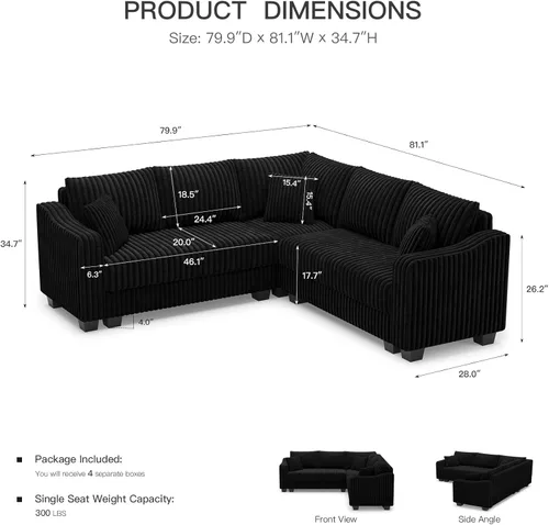 Miniatura 2 de Belffin - Sofá seccional convertible con chaise, sofá seccional en forma de L, sofá reversible de esquina tapizado para sala de estar, de corduroy