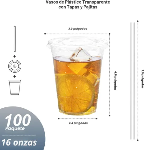 Miniatura 2 de Dealusy Paquete de 100 vasos de plástico transparente de 16 onzas con tapas y pajitas, tazas de café helado resistentes y seguras para alimentos