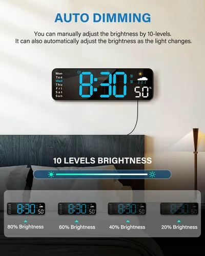 Miniatura 3 de Reloj de pared digital, reloj digital con pantalla grande con control remoto, despertador LED con cable con fecha, semana, temperatura, humedad, DST