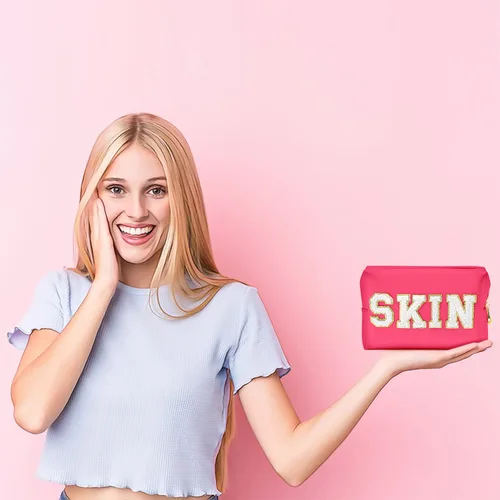 Miniatura 6 de Y1tvei Preppy Patch SKIN - Neceser de piel sintética con letras blancas, bolsa de maquillaje portátil para uso diario, bolsa de almacenamiento