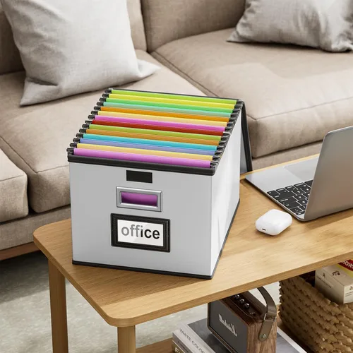 Miniatura 9 de Caja Organizadora de Archivos con Tapa, Caja Organizadora Plegable de Cuero Sintético para Carpetas Colgantes con Rieles de Plástico, Cajas (cuero)