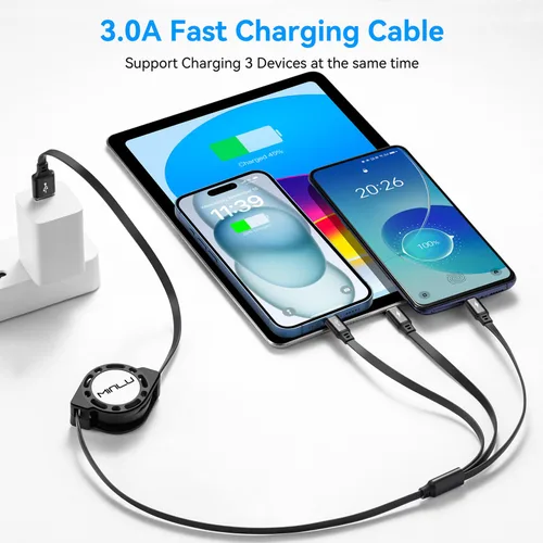 Miniatura 2 de MINLU Cable de carga múltiple 3A, paquete de 2 cables de carga múltiple retráctiles de 4 pies 3 en 1, adaptador de cargador USB C con puertos