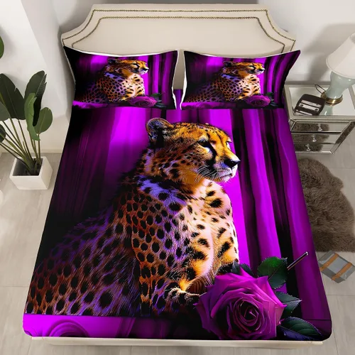 Miniatura 44 de Erosebridal Juego de sábanas bajeras de rosas rojas y leopardo, tamaño individual, diseño de animales africanos salvajes, diseño de plantas