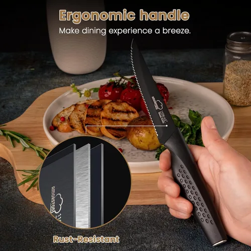 Miniatura 10 de Amorston Cuchillos para carne, juego de 8 cuchillos de carne de acero inoxidable, cuchillos dentados aptos para lavavajillas, color negro elegante