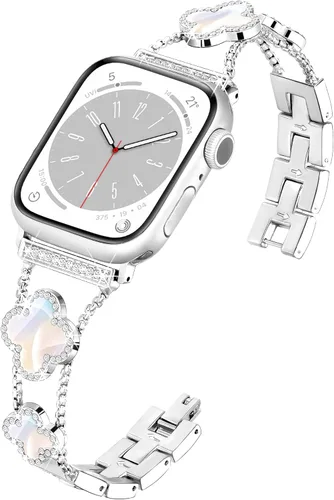 Miniatura 21 de wipalor Correa de trébol de cuatro hojas para Apple Watch para mujer de 42mm 41mm 40mm 38mm, correas delgadas iWatch para mujer, correas metálicas