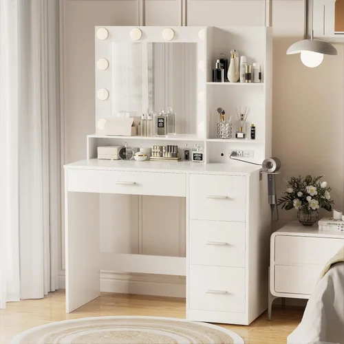 Miniatura 9 de YESHOMY Escritorio de tocador con espejo, toma de corriente y 10 luces, mesa de maquillaje con 4 cajones, 3 modos de color disponibles para Negro