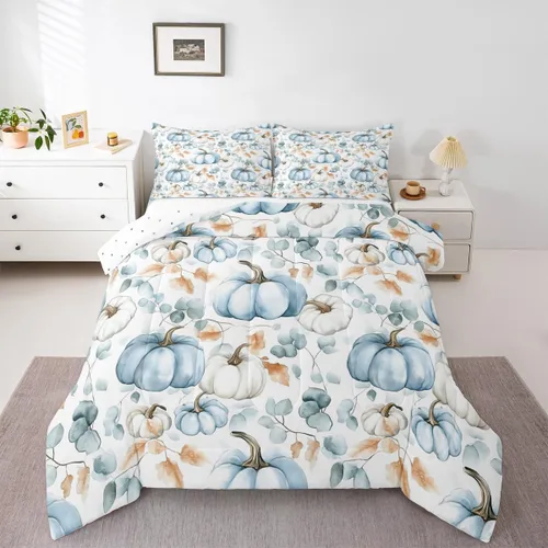 Miniatura 27 de Erosebridal Juego de edredón individual de pavo de Acción de Gracias, juego de ropa de cama de calabaza con hojas de otoño para niños y adultos