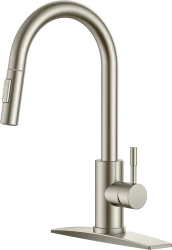 FORIOUS Grifo de cocina con rociador desplegable, níquel cepillado, arco alto, moderno, clásico, grifo de fregadero de acero inoxidable con placa de