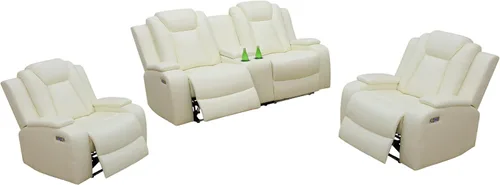Miniatura 15 de Juego de sillón reclinable eléctrico con luces LED, juego reclinable de cuero sintético con puerto USB/cargador inalámbrico/consola de Borgoña