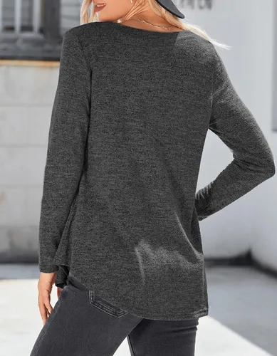 Miniatura 4 de iGENJUN Camisas de manga larga para mujer, moda de otoño, manga larga, cuello en V, túnica para leggings, ajuste holgado, rosa, S