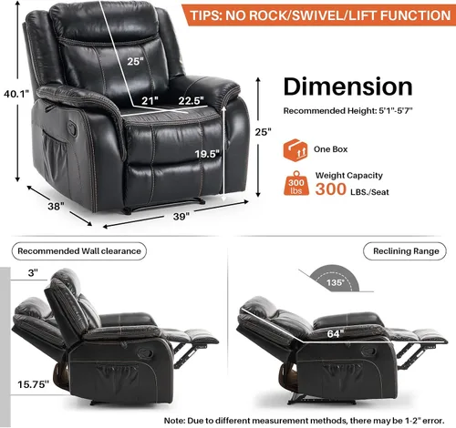 Miniatura 2 de Silla reclinable de masaje con calor, sillas reclinables de piel sintética para adultos, silla de descanso ergonómica reclinable manual de 39