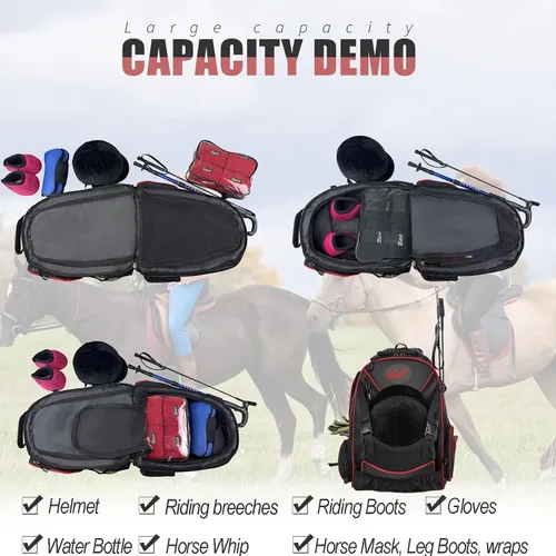 Miniatura 5 de WOLT Mochila ecuestre profesional para equitación, bolsa de equipo con soporte para casco y múltiples compartimentos
