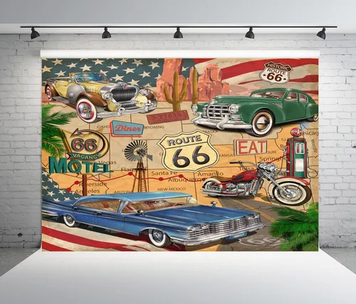 BELECO Telón de fondo de tela de 7 x 5 pies con temática de Ruta 66 con temática de cómic, mapa de ruta retro, motel, motocicleta, autos clásicos,