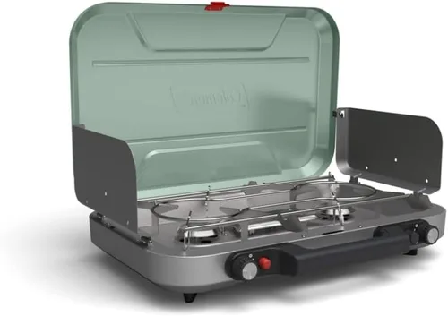 Coleman Cascade 328 - Estufa de campamento de 3 quemadores, superficie de cocción portátil con 28,000 BTU, encendido sin fósforos y protectores de