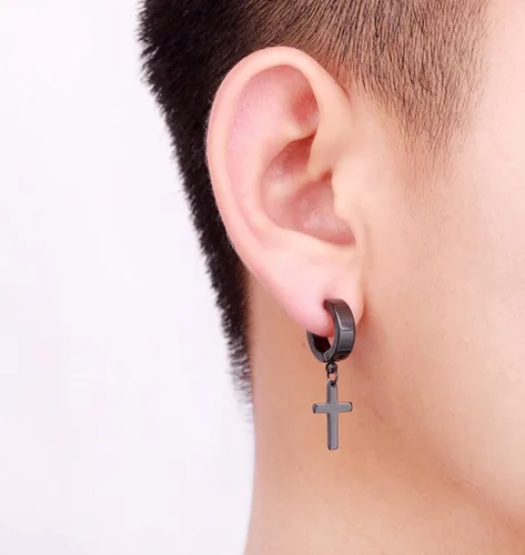 Miniatura 4 de Juego de aretes de cruz de acero inoxidable para hombres y mujeres, aretes colgantes con bisagras para hombres y mujeres, plata, oro, negro