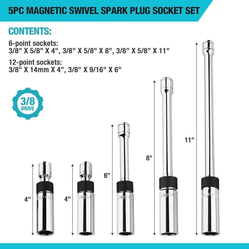 Miniatura 3 de DURATECH Juego de 5 llaves de bujía magnéticas giratorias, 3/8 pulgadas, enchufe de pared delgado incluye 5/8 x 4 pulgadas, 5/8 x 8 pulgadas y 5/8 x
