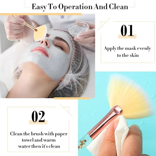 Miniatura 4 de Nuenen 12 cepillos faciales suaves para abanicos, aplicadores de ácido para barro, crema, rubor, maquillaje, cáscara, glicólico, multiuso, Dorado