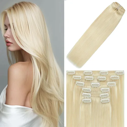 Miniatura 26 de WindTouch - Extensiones de cabello humano Remy con pinzas, color rubio decolorado combinado con balayage, para cabello rubio, 2.47 onzas, N.°
