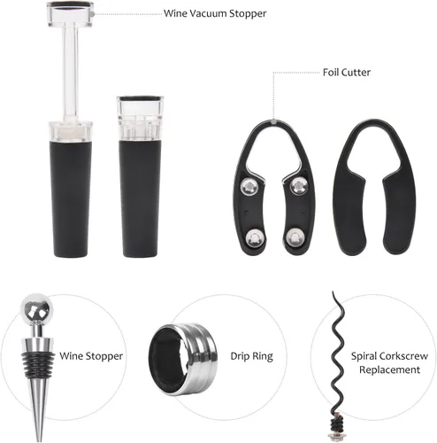Miniatura 3 de Tirrinia Juego de abridor de vino, 7 piezas de sacacorchos de botella de vino de alta calidad, juegos todo en uno con tapón de vino, vertedor, Negro