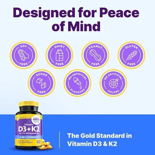Miniatura 6 de InnovixLabs Vitamina D3 K2-5000 IU Vitamina D3 Plus 600 mcg Vitamina K2 MK4 y MK7 para la máxima absorción de calcio, apoya la salud ósea, inmune