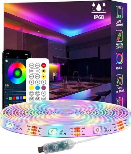 Tira de luces LED Ws2812 RGB+IC de 16.4 pies IP68 impermeable para exteriores, alimentación por USB de 5 V, sincronización de música, Bluetooth