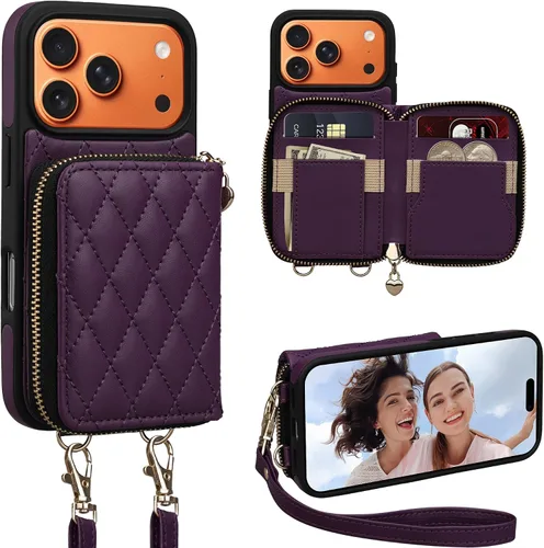 Miniatura 56 de Funda tipo cartera para iPhone 15 de 6.1 pulgadas, bolso cruzado con cremallera y correa para la muñeca con cordón para mujer, tarjetero con bloqueo