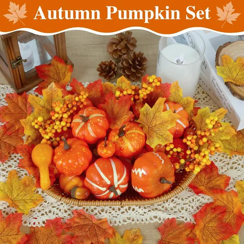 Miniatura 3 de Juego de 51 mini calabazas artificiales para decoración de otoño, calabazas de plástico de espuma con hojas de otoño, pequeñas decoraciones de otoño