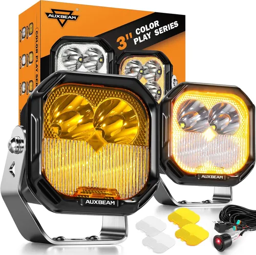 Auxbeam Color Play Series - Luces LED Pod DRL Ámbar de 3" 100W Combo Spot Flood de Doble Color Señal de Giro Lámpara de Conducción Antiniebla Cubo