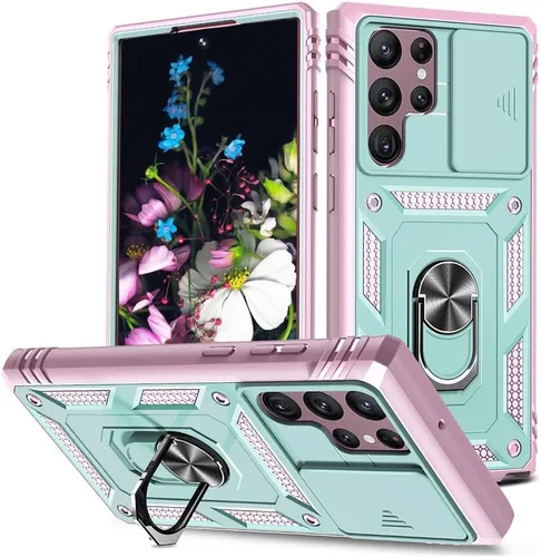 Funda para Samsung Galaxy S22 Ultra, compatible con Samsung S22 Ultra Stand, funda protectora de cámara deslizante para Galaxy S22 Ultra, verde y