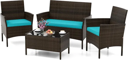 Miniatura 13 de HAPPYGRILL Juego de 4 muebles de mimbre para exteriores, juego de muebles de mimbre para patio con sillas de dos plazas y mesa de café de vidrio