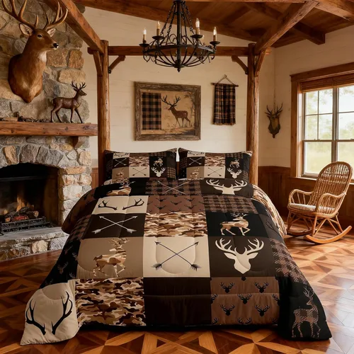 Miniatura 165 de Juego de edredón de cuernos de ciervo tamaño individual, juego de ropa de cama rústica de granja con huellas de oso y pinos para decoración