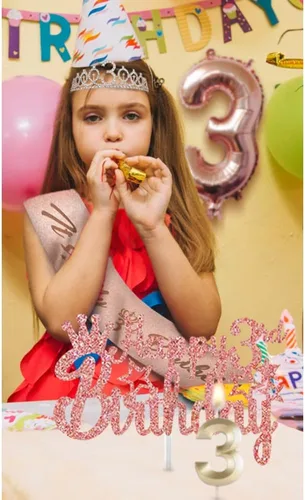Miniatura 3 de Decoraciones de cumpleaños de 3 para ella – 5 regalos que incluyen corona de tercera tiara, banda, decoración de pasteles, globos, velas