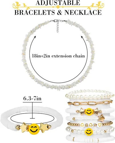 Miniatura 16 de Preppy Heishi - Juego de pulseras de surfista para niñas adolescentes, bonitos aretes estéticos, anillos estéticos preppy coloridos de oro blanco