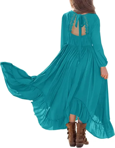 MITILLY Vestido largo bohemio de encaje floral sin espalda cuello redondo manga larga con volantes y bolsillos