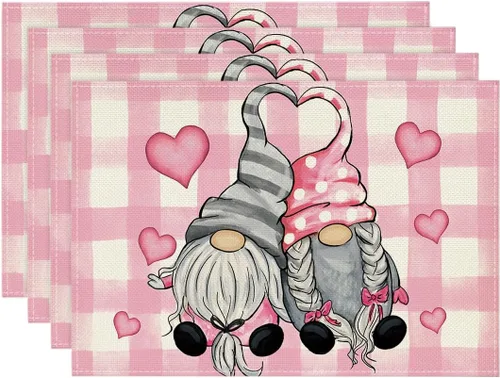 Miniatura 9 de Artoid Mode Juego de 4 manteles individuales con diseño de gnomos y corazones de San Valentín, 12 x 18 pulgadas, para boda, aniversario, primavera