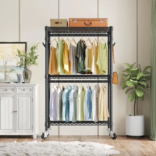 Miniatura 9 de VIPEK R2 Perchero de ropa resistente para colgar ropa, estante de prendas rodante ajustable con barras dobles y ganchos, armario independiente