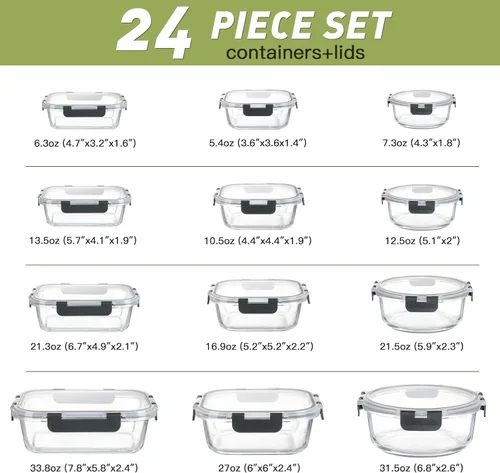 Miniatura 7 de BAYZZ 24 piezas de recipientes de vidrio para almacenamiento de alimentos con tapas, recipientes de vidrio herméticos para preparar comida