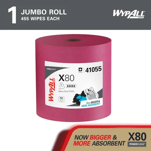 Miniatura 2 de WypAll PowerClean X80 - Toallitas resistentes (41055), Jumbo, toallas de uso prolongado, color rojo (1 rollo de 455 hojas, 455 hojas en total)