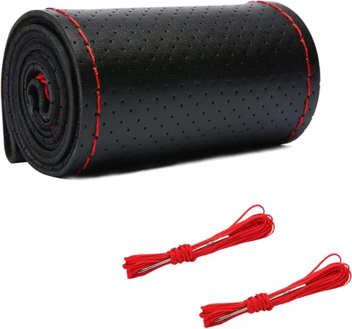 Augeny Funda de cuero genuino para volante, transpirable, antideslizante, protector para volante de automóvil, funda para coser para un diámetro
