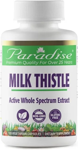 Paradise Herbs Cardo mariano, extracto activo de espectro completo, vegano, sin OMG, sin gluten, 120 cápsulas vegetarianas