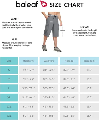 Miniatura 7 de BALEAF Men's Long Shorts Below Knee 15" Capri Pants Hiking Cargo Pockets Quick Dry Lightweight Elastic Waistband Gym