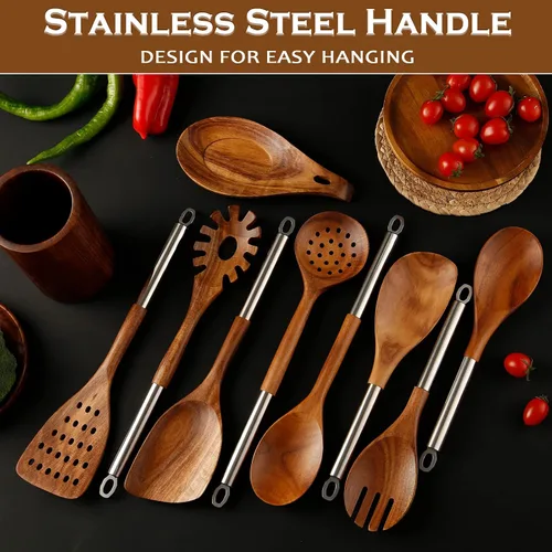 Miniatura 7 de Cucharas de madera para cocinar, 10 piezas con mango inoxidable, juego de utensilios de madera de acacia natural con soporte y soporte para cuchara
