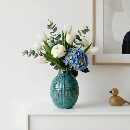 hjn hjn - Jarrón de cerámica esmaltado a mano color verde azulado – 5.7 pulgadas de alto moderno jarrón decorativo para centro de mesa para flores