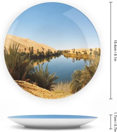 Miniatura 2 de XISUNYA Plato decorativo de 6 pulgadas, artesanía de cerámica del desierto, Oasis idílico Awbari Sand Sea Sahara Libia Pond Print Ornament Plate