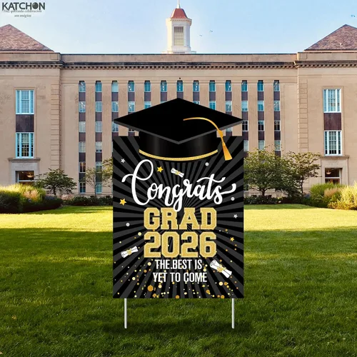 Miniatura 4 de Decoraciones de graduación 2026 Letreros de graduación para patio de clase de 2026 – 16 x 10 pulgadas Letrero de felicitaciones negro y dorado