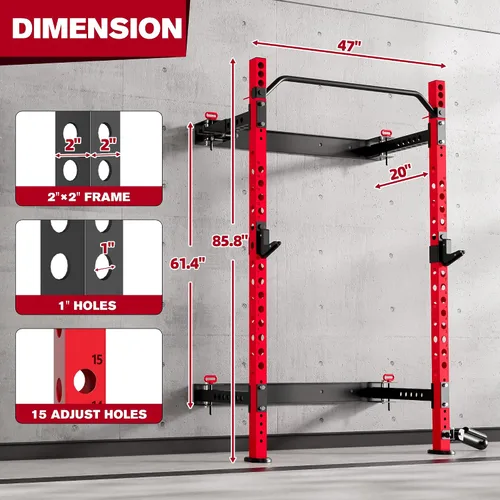 Miniatura 2 de MU 5.08 cm x 5.08 cm Estante Plegable para Sentadillas, Estante de Potencia Montado en Pared de 499KG con Barra Ajustable para Flexiones, Ganchos