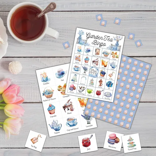Miniatura 3 de Juego de bingo de té de jardín, tarjeta de bingo para fiesta de té, juego de bingo para 24 jugadores, actividades en interiores y exteriores, fiesta