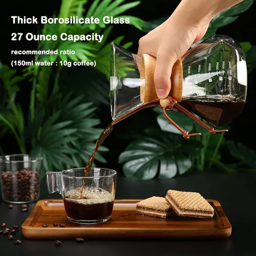 Miniatura 2 de Lalord Cafetera vertida con filtro de acero inoxidable reutilizable, jarra de café de vidrio borosilicato de 27 onzas, collar de madera, jarra