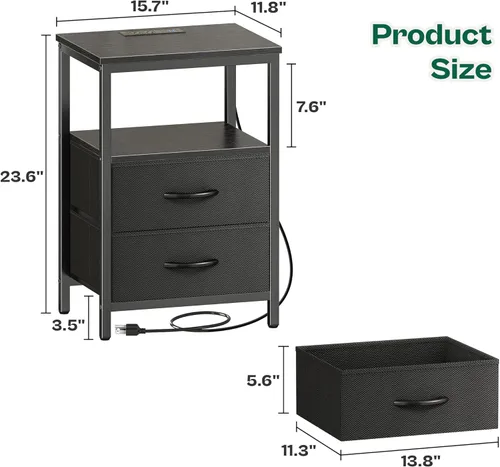 Miniatura 3 de Huuger - Mesita de noche con estación de carga y luces LED, mesita de noche con 2 cajones, mesa auxiliar de cama con estante abierto, mesa auxiliar